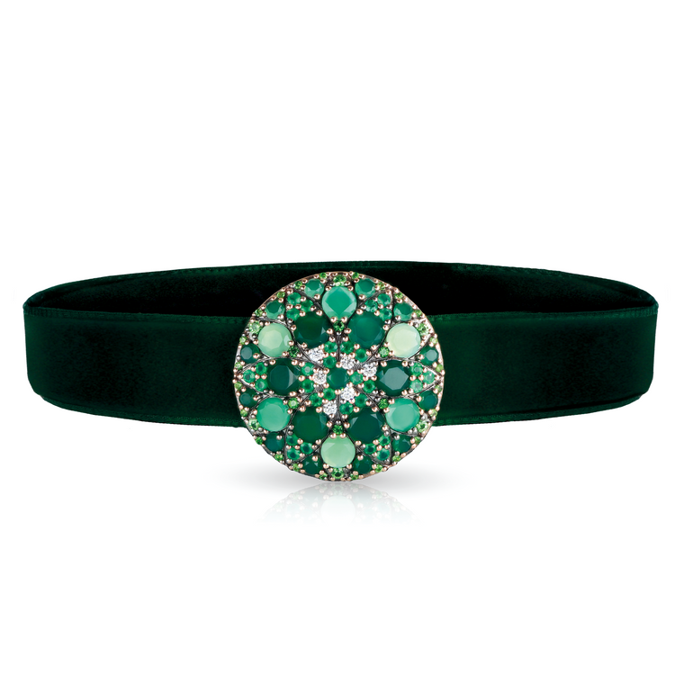 Mandala choker with Green Velvet, diamonds and green gemstones.