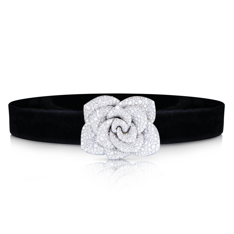 Black velvet choker with rosina brooch with 18k White Gold and white diamonds.