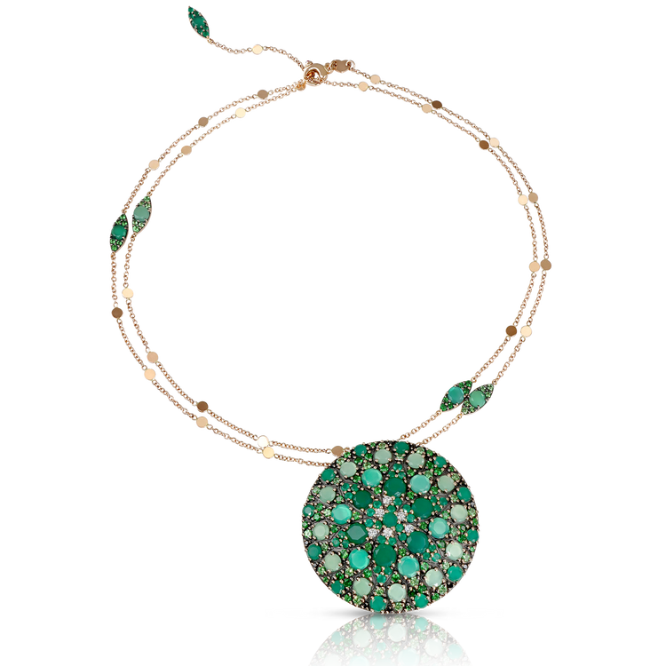 Necklace in in 18k Rose Gold with green precious gemstones.