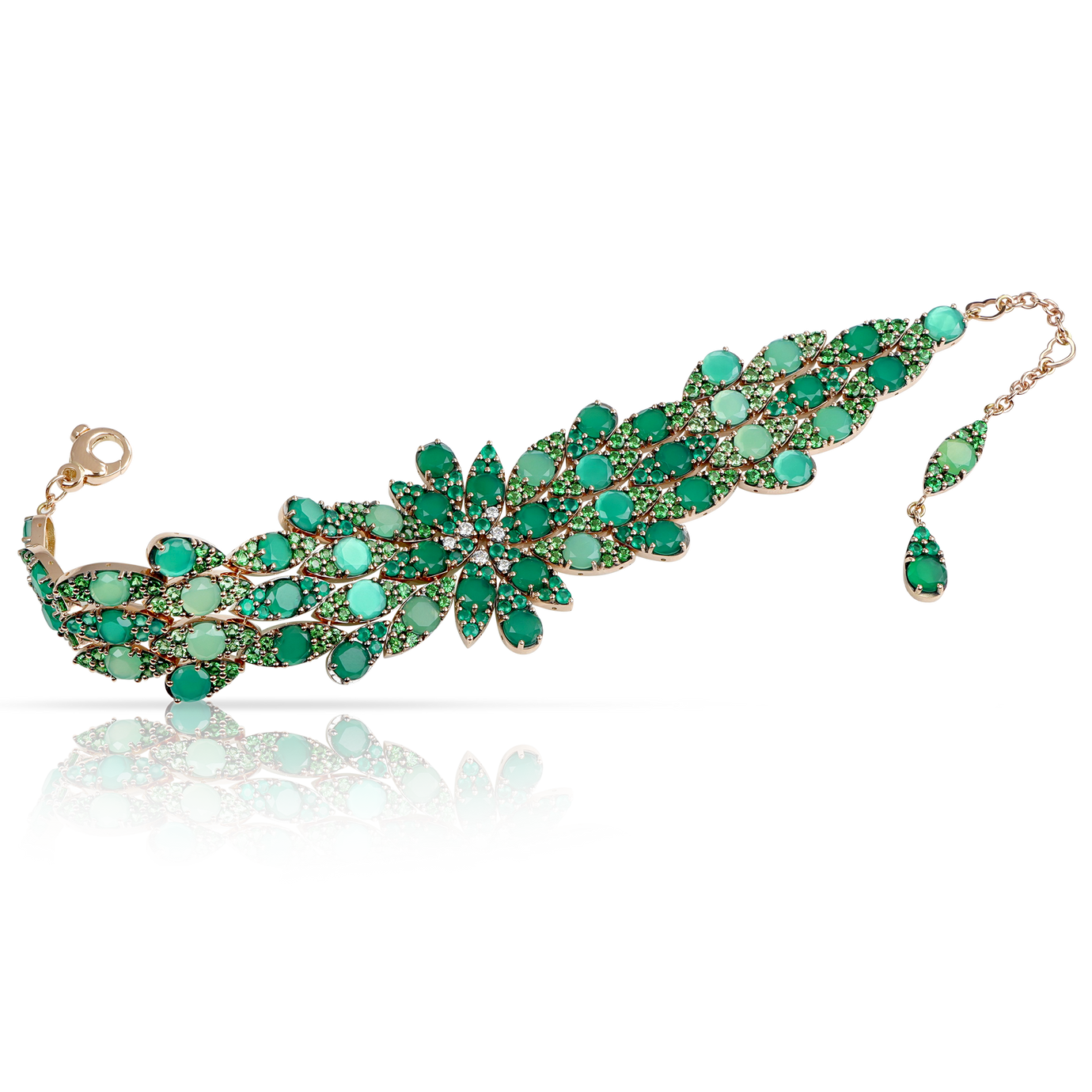 Bracelet in 18k Rose Gold with diamonds and green precious gemstones