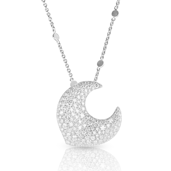 Necklace with moon pendant in white gold and diamonds.