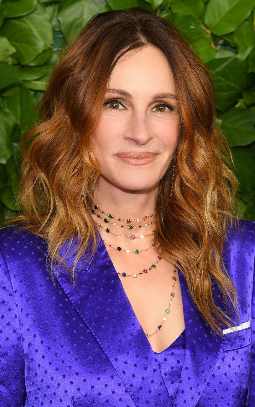 Julia Roberts wearing a necklace in 18k Rose Gold with coloured gemstones.