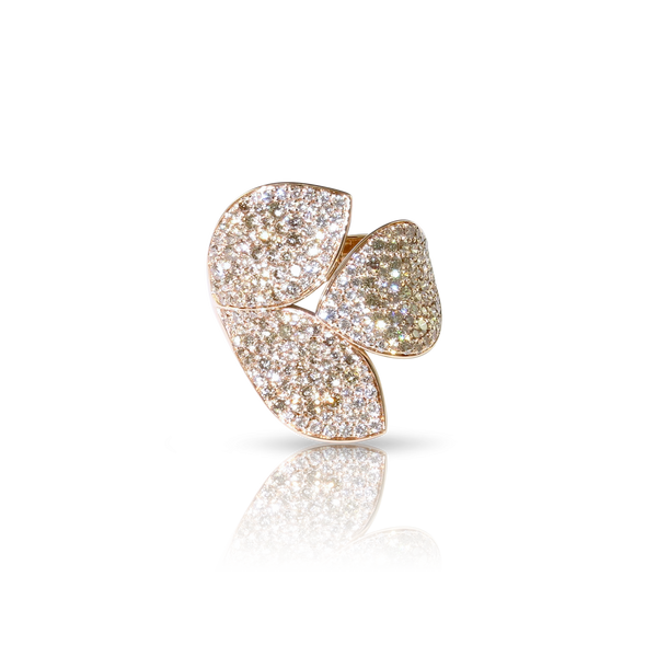 Three Leaves Ring in 18k Rose Gold with White and Champagne Diamonds.