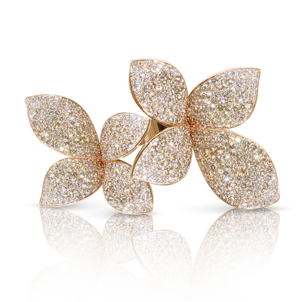 Double Flower Ring in 18k Rose Gold with White and Champagne Diamonds.