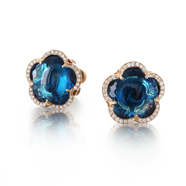 Stud Earrings in 18k Rose Gold with London Blue Topaz and Diamonds.