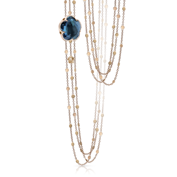 Multi Chain Sautoir in 18k Rose Gold with London Blue Topaz and Diamonds.