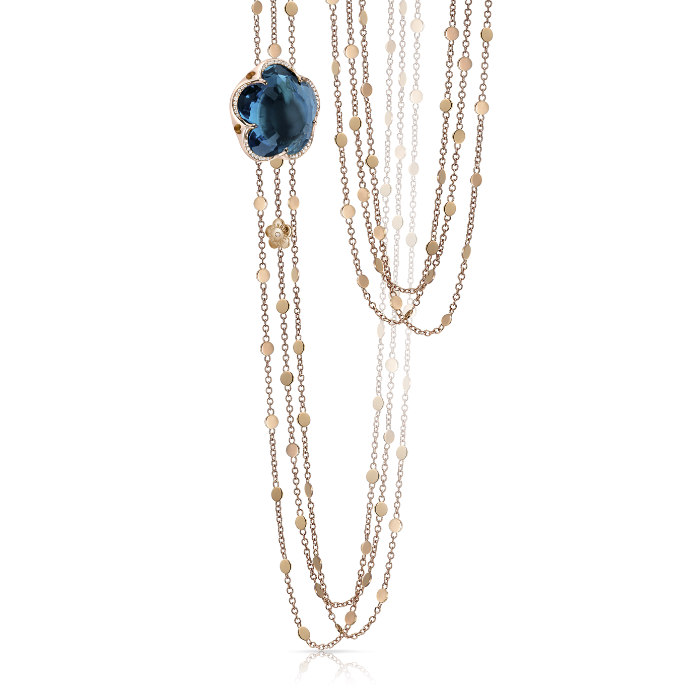 Multi Chain Sautoir in 18k Rose Gold with London Blue Topaz and Diamonds.