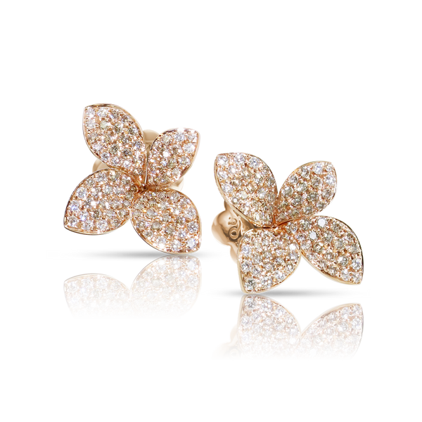 Earrings in 18k Rose Gold with Diamonds, Medium Flower.