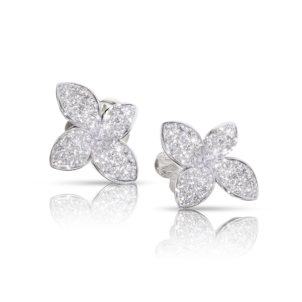 Earrings in 18k White Gold with Diamonds, Small Flower.