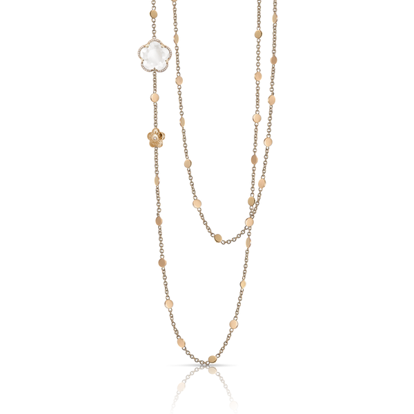 Sautoir in 18k Rose Gold with MIlky Quartz and Diamonds.