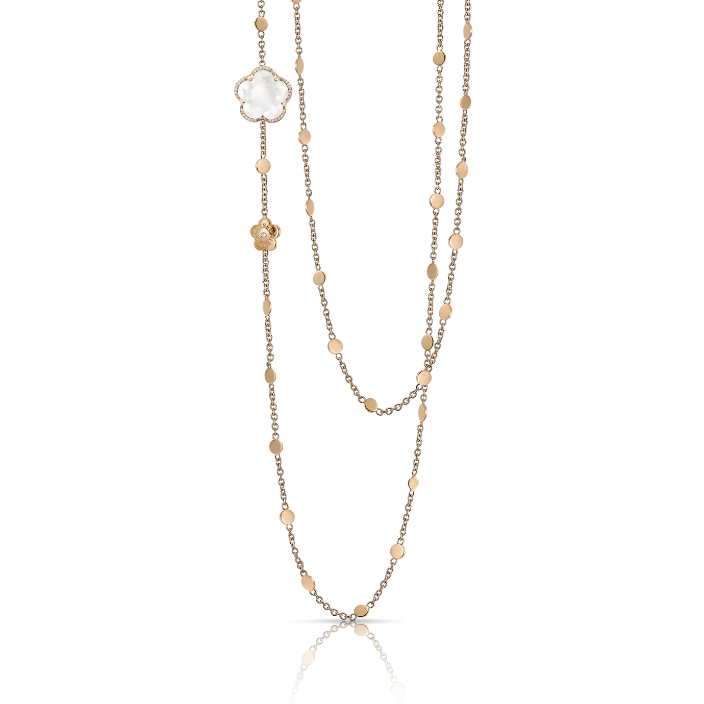 Sautoir in 18k Rose Gold with MIlky Quartz and Diamonds.