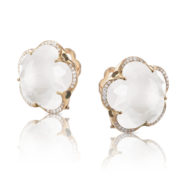 Stud Earrings in 18k Rose Gold with Milky Quartz and Diamonds.