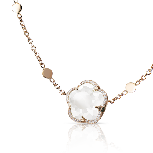 Necklace in 18k Rose Gold with Milky Quartz and Diamonds.