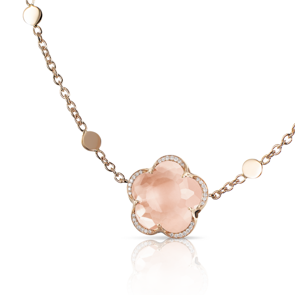Necklace in 18k Rose Gold with Rose Quartz and Diamonds.