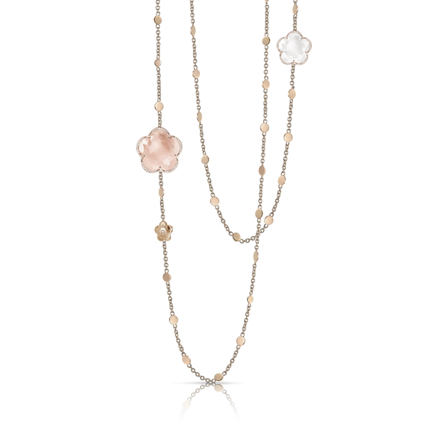 Sautoir in 18k Rose Gold with Rose Quartz, Milky Quartz and Diamonds.