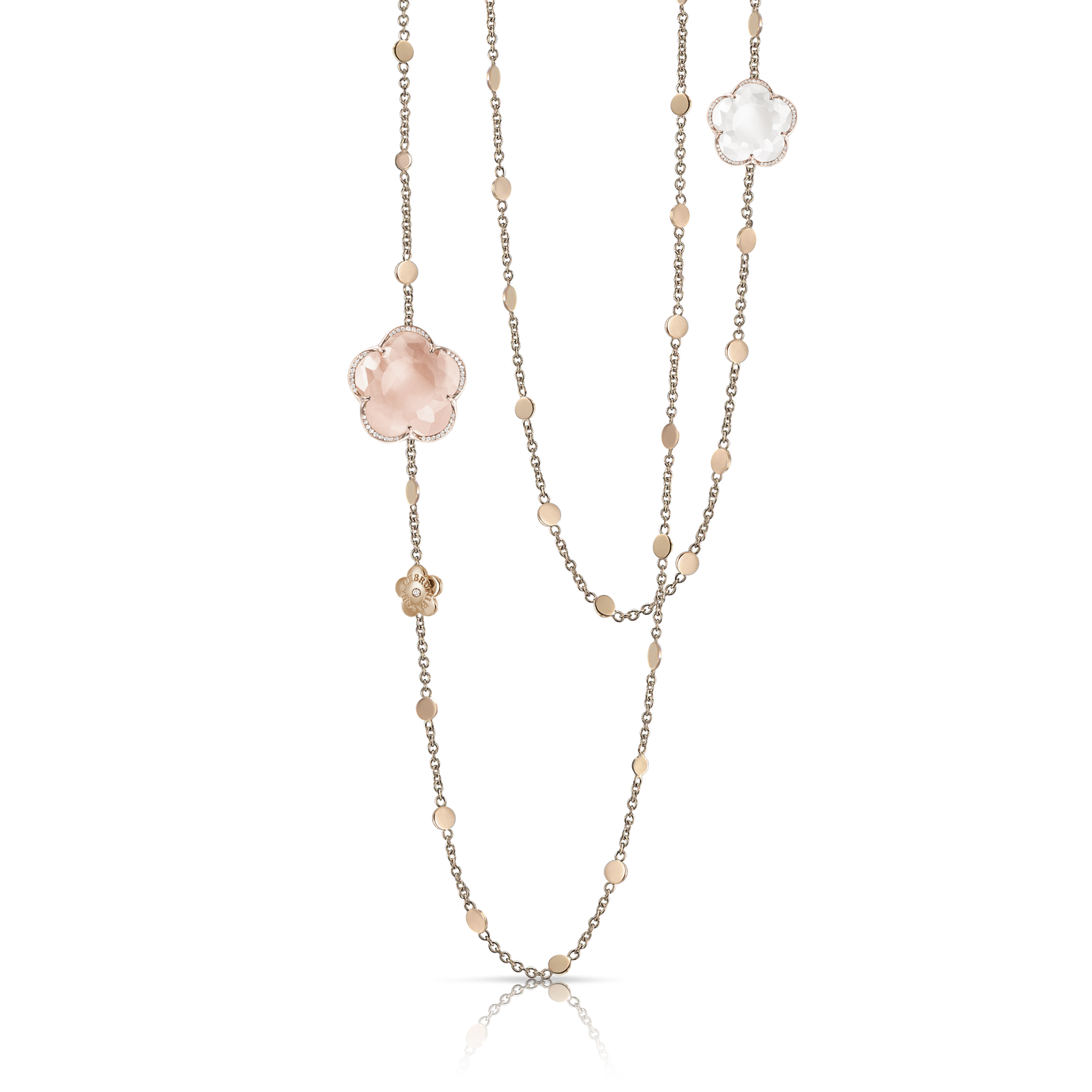 Sautoir in 18k Rose Gold with Rose Quartz, Milky Quartz and Diamonds.