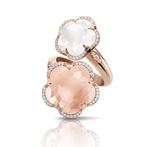Contrarié Ring in 18k Rose Gold with Rose Quartz, Milky Quartz and Diamonds.
