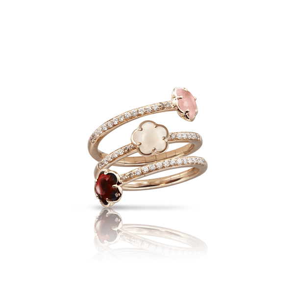 Three Flowers Twist Ring in 18k Rose Gold with coloured gems and White and Champagne Diamonds.