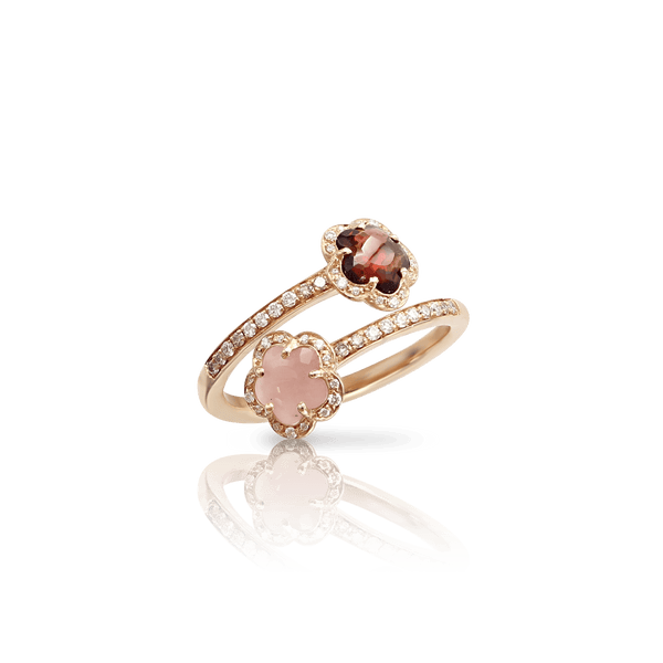 Two Flowers Contrarié Ring in 18k Rose Gold with Pink Chalcedony, Red Garnet, White and Champagne Diamonds.