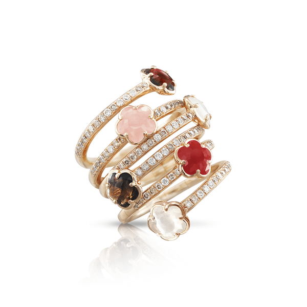 Six Flowers Twist Ring in 18k Rose Gold with Pink Chalcedony, Red Garnet, Moonstone, Smoky Quartz, Carnelian, and Diamonds.