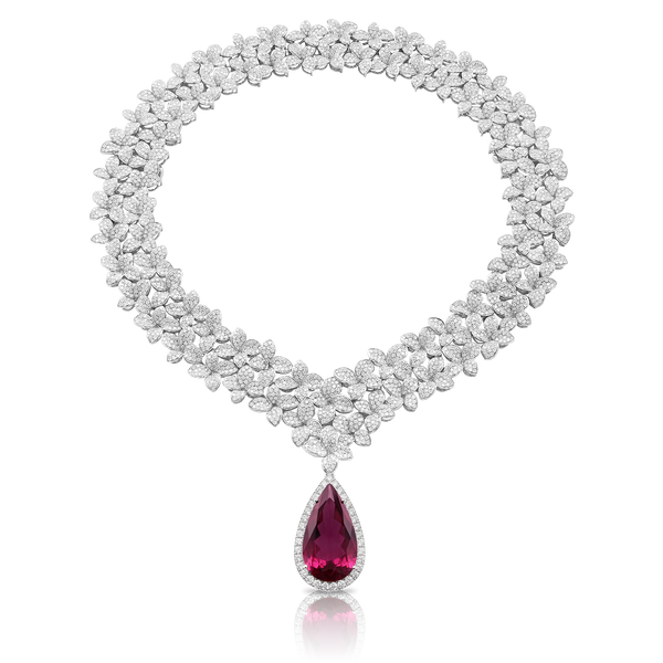 Collier Combination in 18k White Gold with Diamonds, Rubellite and Velvet Strap.