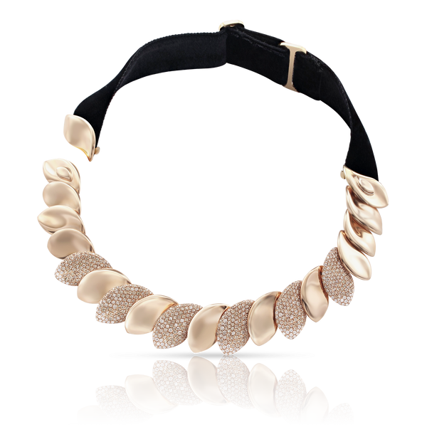 Choker Combination in 18k Rose Gold and Velvet with White and Champagne Diamonds.