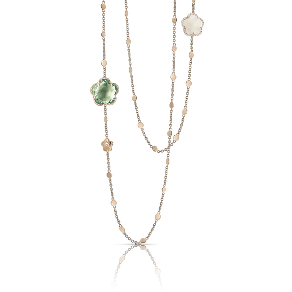 Sautoir in 18k Rose Gold with Prasiolite, Milky Quartz and Diamonds.