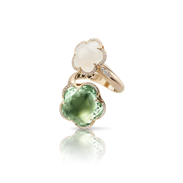 Ring in 18k Rose Gold with Prasiolite, Milky Quartz and Diamonds.