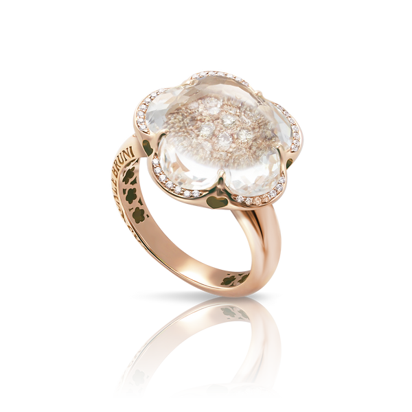 Ring in 18k Rose Gold with Rock Crystal, White and Champagne Diamonds.