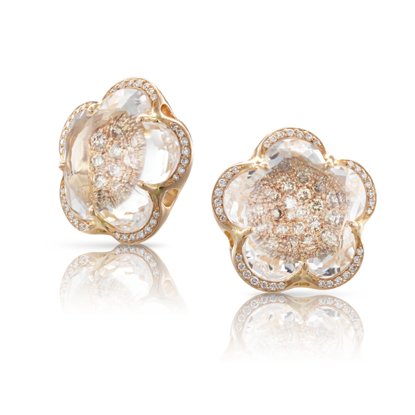 Stud Earrings in 18k Rose Gold with Rock Crystal, White and Champagne Diamonds.