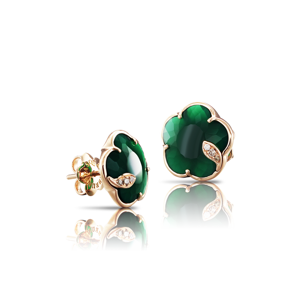 Earrings in 18k Rose Gold with Green Agate and Diamonds.