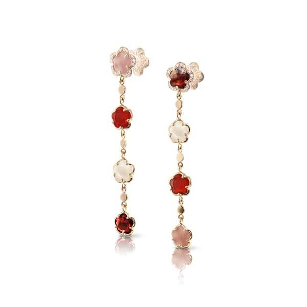 Pendant Earrings in 18k Rose Gold with Moonstone, Pink Chalcedony, Carnelian, Red Garnet and White Diamonds.