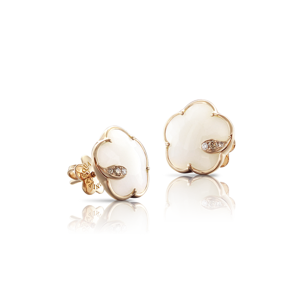 Earrings in 18k Rose Gold with White Agate and Diamonds.