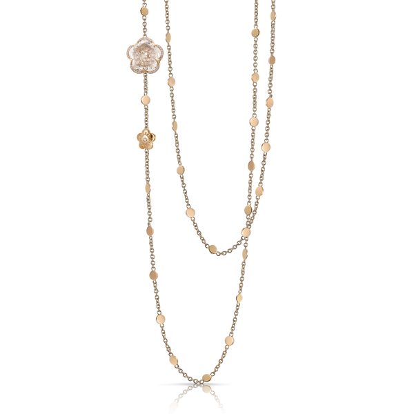 Sautoir in 18k Rose Gold with Rock Crystal, White and Champagne Diamonds.