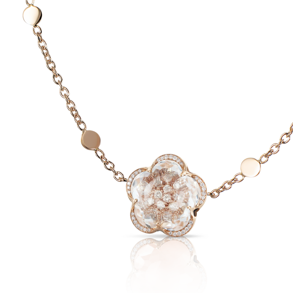 Necklace in 18k Rose Gold with Rock Crystal, White and Champagne Diamonds.