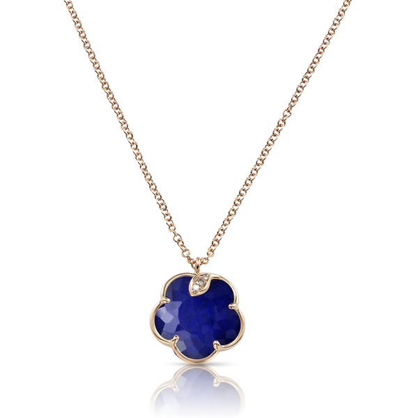 Necklace in 18k Rose Gold with Rock Crystal and Lapis Lazuli doublet and Diamonds.