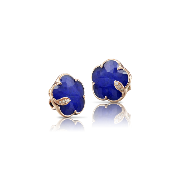 Stud earrings in 18k Rose Gold with Rock Crystal and Lapis Lazuli doublet and Diamonds