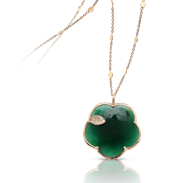 Necklace in 18k Rose Gold with Green Agate and Diamonds.
