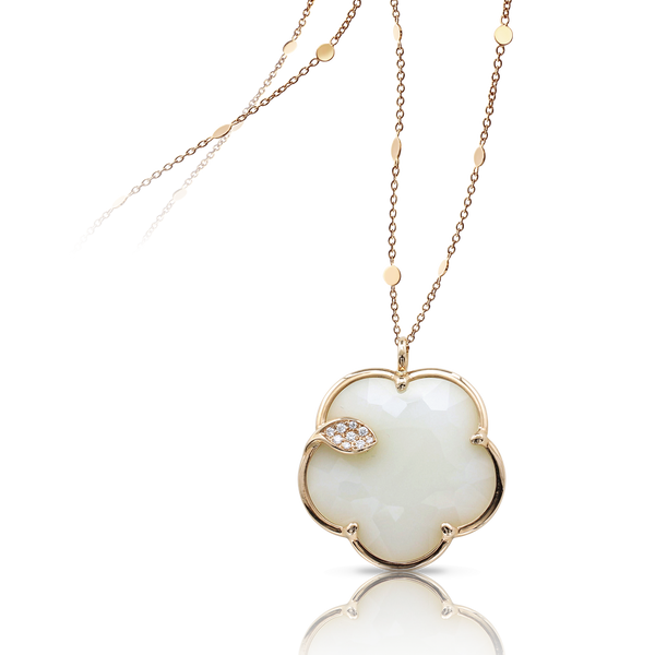 Necklace in 18k Rose Gold with White Agate, Mother of Pearl and Diamonds.