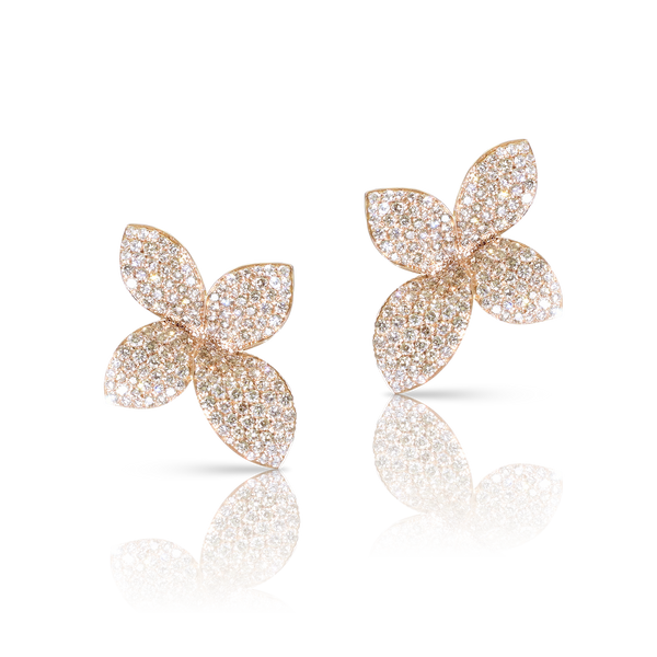 Small Flower Earrings in 18k Rose Gold with White and Champagne Diamonds.